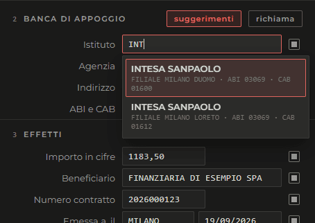 I suggerimenti mentre si scrive la banca